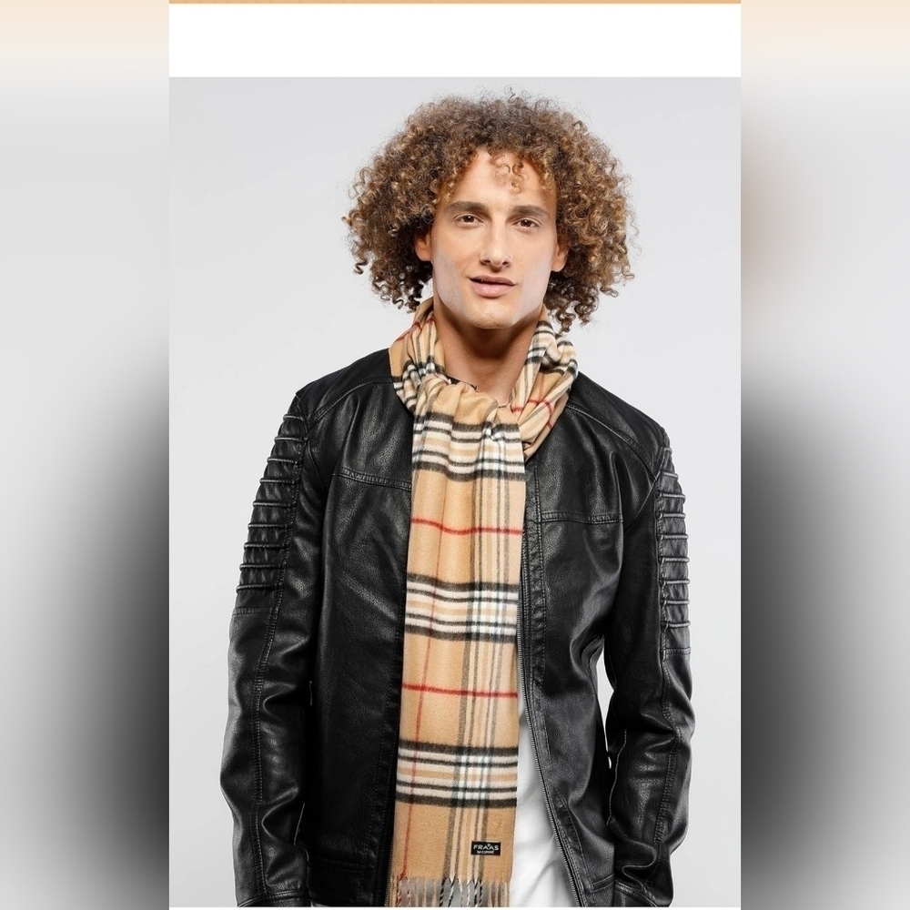 Cashming Plaid Beige Scarf with Red and Black Accents - Picture 4 of 8